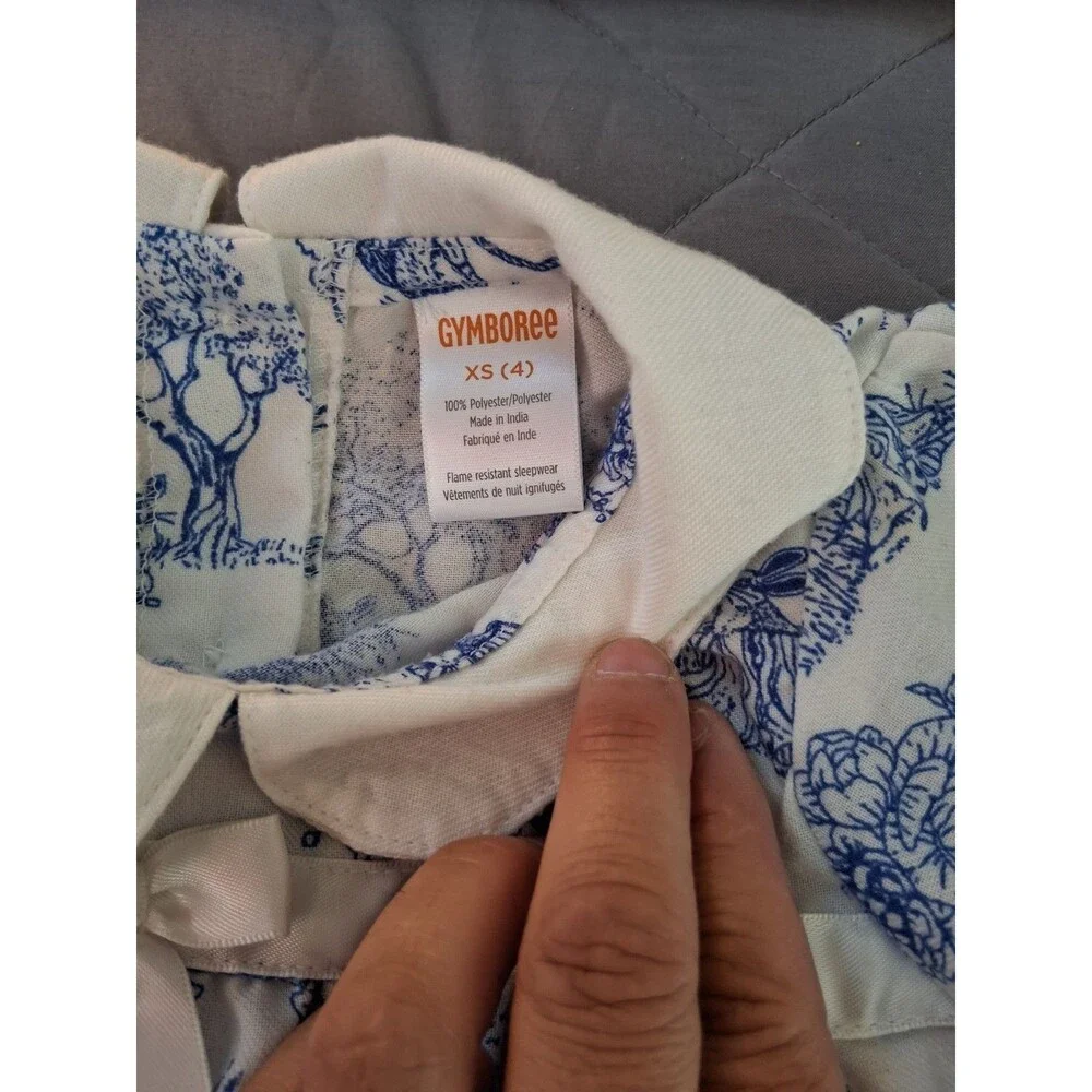 Gymboree Girls XS (4) White/Blue Bunny Toile Shirt Dress Collared Long Sleeve